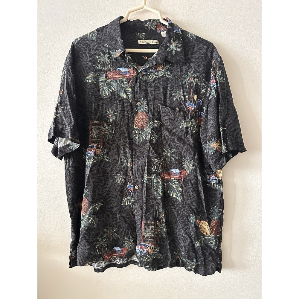 Batik Bay Mens XL Rayon Hawaiian Tropical Shirt  Drinks Palm Trees Happy Hour